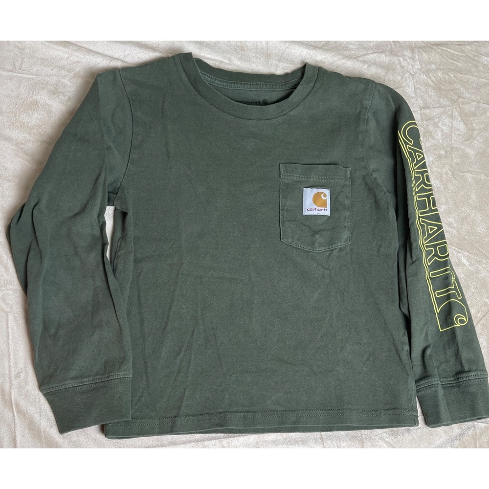 Carhartt Long Sleeve Pocket T-Shirt Kids 6 Green/Orange Crew Neck Cotton Blend